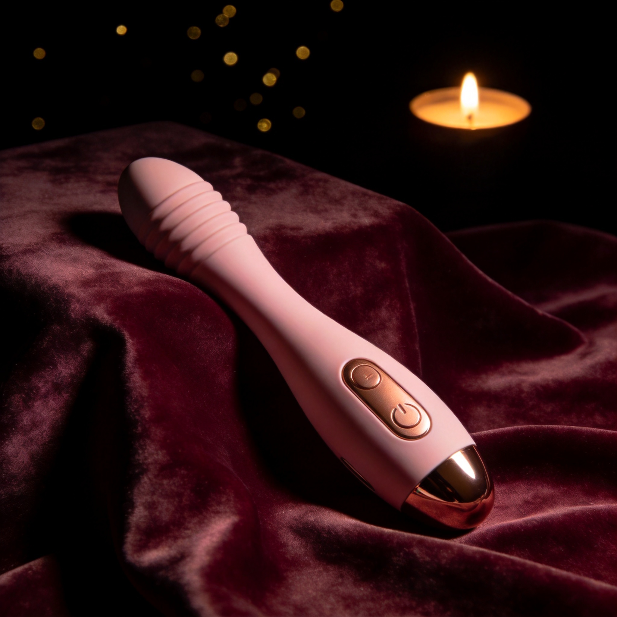 A rose-gold intimate massager resting on dark burgundy velvet, lit by a warm candle glow